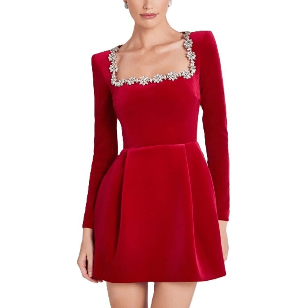 Red Elegant Women's Velvet Bodycon Mini Dress with Diamond Studded Details
